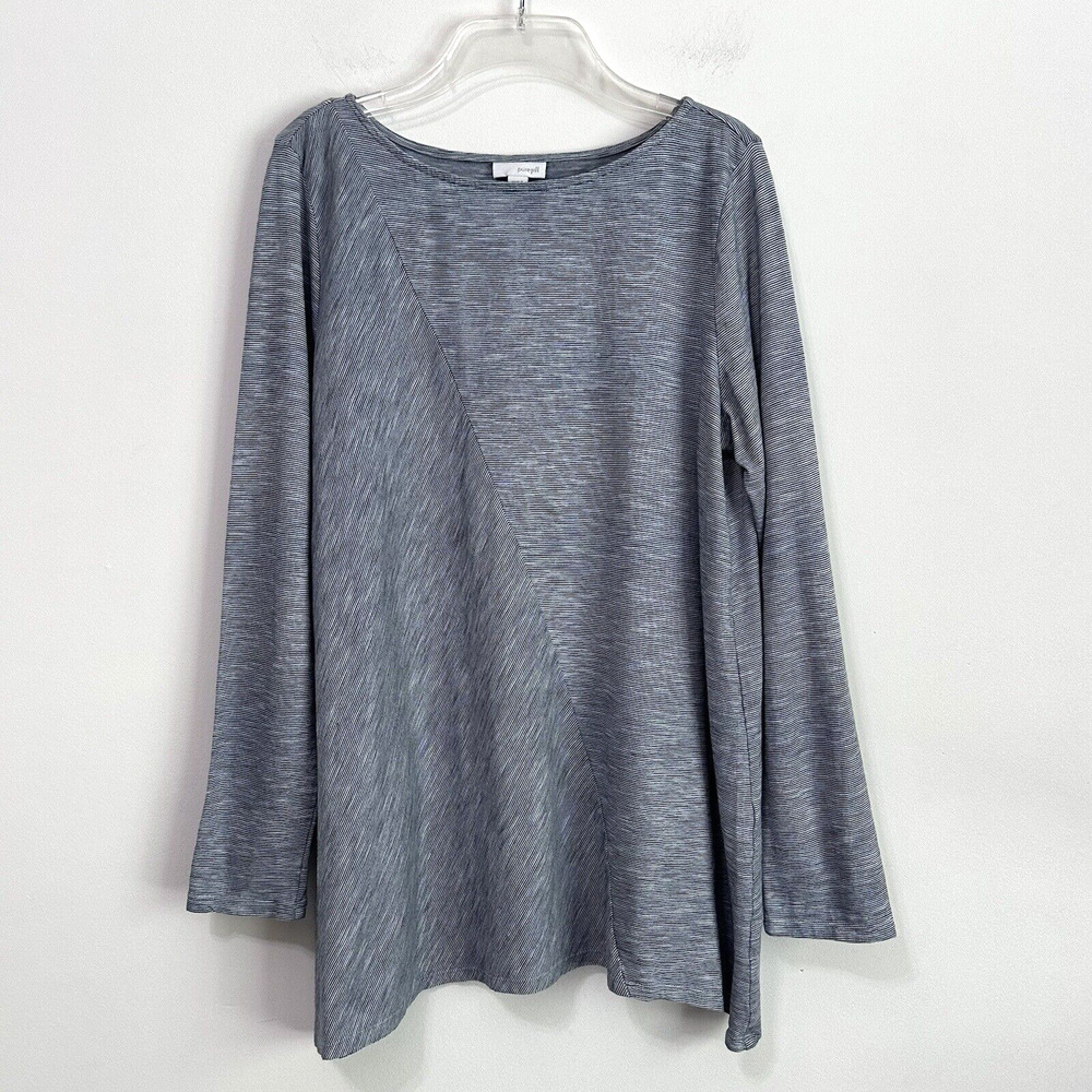 Pure Jill Tunic M‎ Blue Long Sleeve Cotton Shark Bite Hem Shirt Knit Top Casual